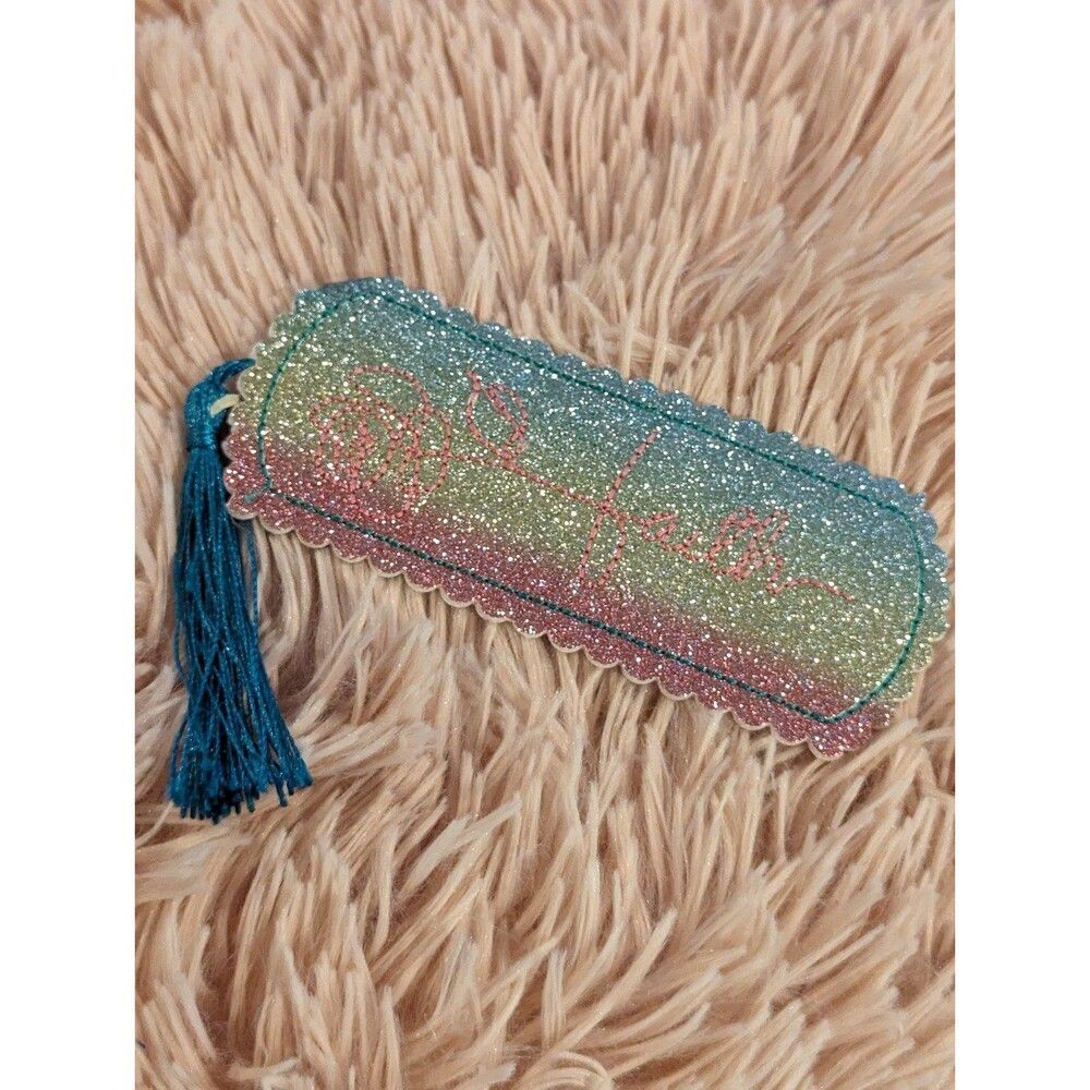 Rainbow glitter vinyl handmade bookmark embroidered with faith brand new